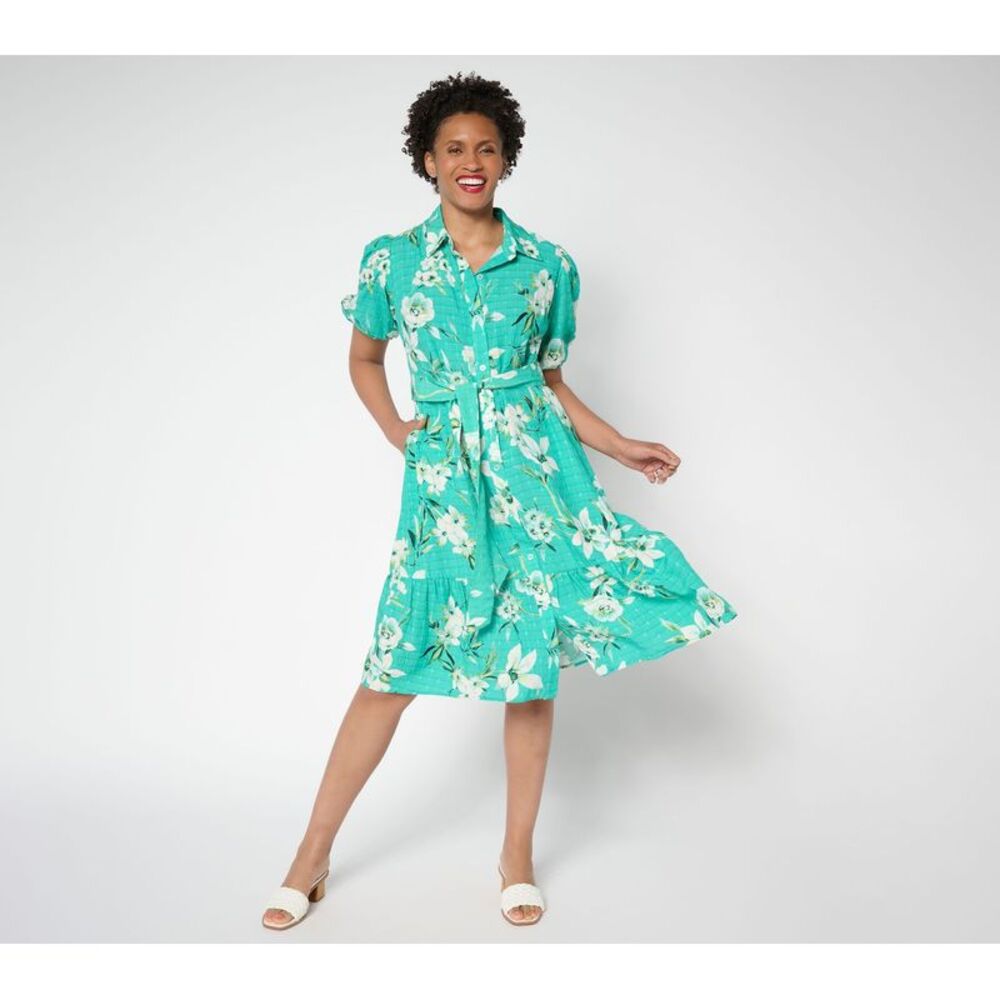 Truth + Style Women's Petite Dress PL Printed Textured Woven Button Green